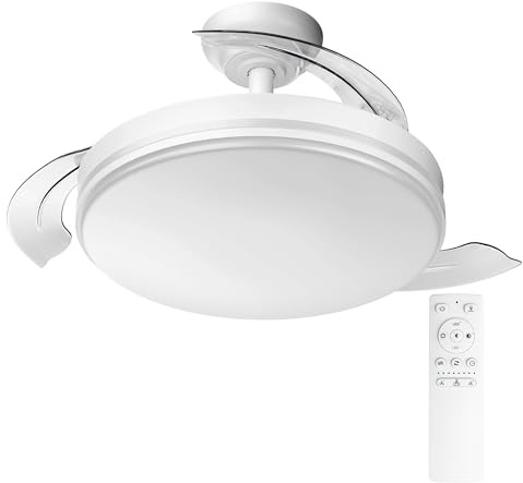 Celestu Ventilador de techo con luz led 72w con mando,temporizador, 6 velocidades, aspas retráctiles, 3 temperaturas de luz, CCT Silencioso, Intensidad Regulable (Blanco Liso)
