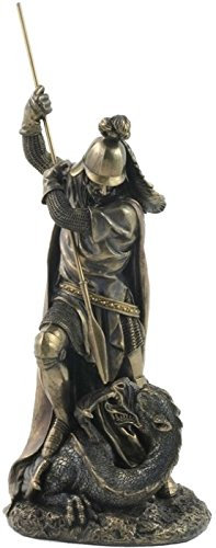 Statue St. Georg stehend und tötender Drache, Kaltguss, Bronze, 32,1 cm