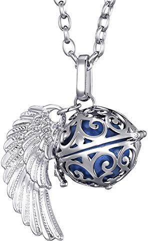 Morella Damen Schutzengel Halskette Edelstahl 70 cm mit Anhänger Engelsflügel und Klangkugel blau Ø 16 mm in Schmuckbeutel