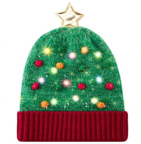 Belovecol Weihnachten Mütze Hüte Unisex-LED leuchten Strickmütze Cap Top mit Stern Funny Xmas Warm für den Winter, Grün