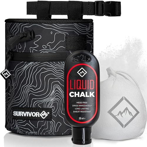 Survivor Chalk Bag + nachfüllbarer Chalk Ball + Flüssigkreide – Kordelzug & 2 Reißverschlusstaschen – Schwarze Chalk Bag zum Klettern, Bouldern, Gewichtheben mit Handkreide-Zubehör
