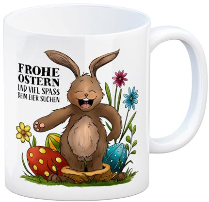 trendaffe Frohe Ostern Kaffeebecher mit Hase Motiv und Spruch: Viel Spaß beim Eiersuchen