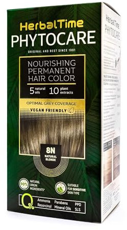 Herbal Time Phytocare Tinte Permanente para el Cabello Color Rubio Natural 8N | Kit Tinte Natural Pelo Profesional | Nutre y Protege Tu Cabello | Sin Amoníaco, PPD y SLS | 124.5 ml
