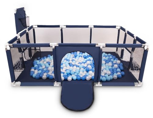 Selonis Laufstall Baby Großer Spielplatz Mit 100 Bälle Laufgitter Für Kinder, Dunkelblau:Babyblau/Blau/Perle