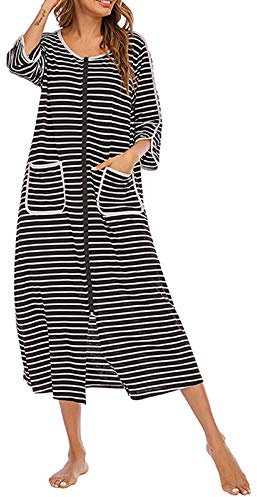 Damen-Bademantel, mit Reißverschluss, kurz/langärmelig, weicher Bademantel mit Reißverschluss und Taschen, Nachtwäsche, Nachtwäsche, Schwarz , 46