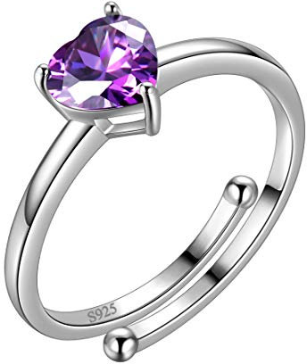 Aurora Tears February Birthstone Adjustable Rings Love Heart 925 Sterling Sliver Heart-shaped Birthstone Open Ring Birth Stone Jewelry Gifts for Women and Men DR0121F