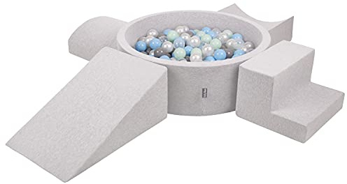 KiddyMoon Parque Infantil De Espuma con Rodondo Piscina De Bolas (200 Bolas) para Niños, Gris Claro:Perla/Gris/Transparente/Azul Clr/Menta