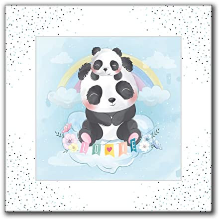 Leinwandbild Love Panda das niedliche Motiv für Kinderzimmer | 30 x 30 cm Bild auf Leinwand Wandbild für Kinder | Panda Liebe süß Baby Regenbogen Schriftzug | Mädchenzimmer Jungenzimmer Babyzimmer