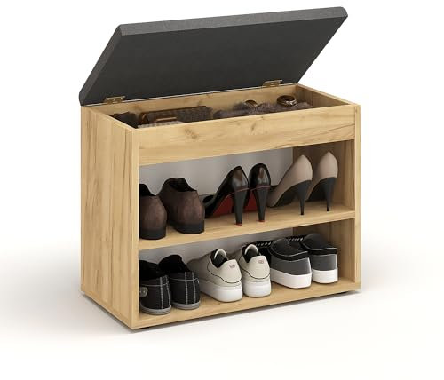 KOMTO Schuhbank mit Sitzfläche - Schuhregal Bank mit Stauraum Honig Eiche 60 x 48 x 32 cm Kleiner Schuhschrank mit Sitzbank Flur Bank Garderobenbank Sofia