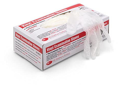 DE Healthcare Products – Vinyl-Einmalhandschuhe (100 Stück), leicht gepudert, nicht-texturiert, durchsichtige Handschuhe mit Rollrand, L