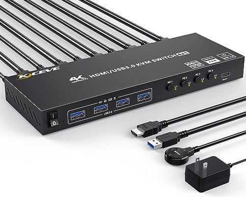 USB 3.0 KVM Switch HDMI 4 Port, 4K@60Hz Edid Emulation KVM Switch 4 PC 1 Monitor HDMI für 4 Computer teilen sich 1 Monitor und 4 USB 3.0 Geräte, mit Wired Remote und 12V Netzteil Enthalten