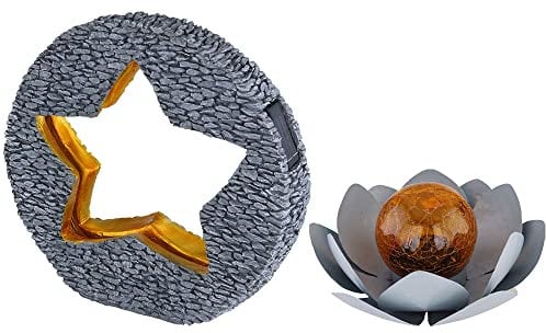 LED Solarleuchte Lotusblume Außenleuchte Garten Solarlampe Stern Gartenlampe, IP44 Akku, Crackle Glaskugel goldfarben, 2er Set