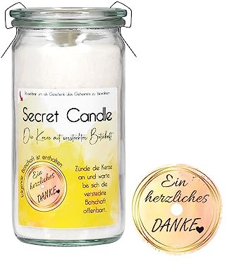 Candle Factory Secret Candle Duftkerzen mit einer versteckten Botschaft, ca. 70h Brennzeit, Duft: French Vanilla, Botschaft: Ein herzliches Danke