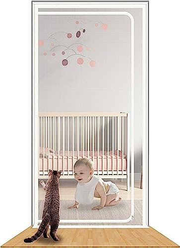 Cat Screen Door Reinforced 85×200cm Pet Proof Screen Door Zipper Curtain To Keep Dogs And Cats Out Stop Cats Running Out Screen Door With Zipper For Living Room Bedroom Patio Doors (Color : Weiss, S