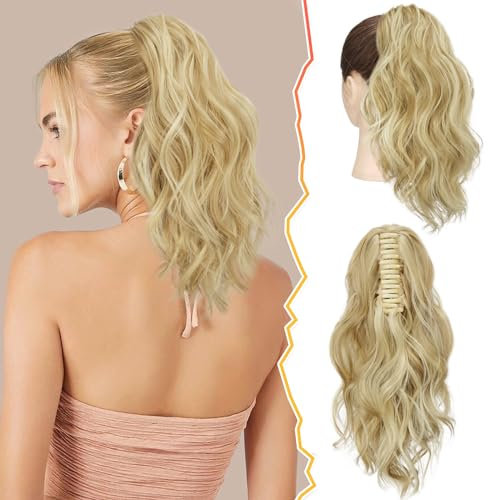 BARSDAR Pferdeschwanz Extension mit Klaue Clip, 35 CM Kurzes Lockig Wellig Blond Pferdeschwanz Clip Haarextension Synthetik Haarteil Haarverlängerung Natürliches Tägliche Party(Asche Blond Gemischt)