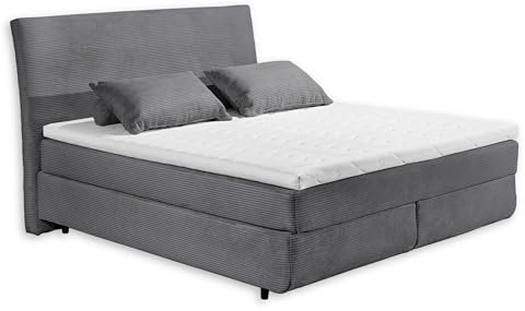 Stella Trading Marbella 6 Boxspringbett 180x200 in Cord-Optik, Ash - Bequemes Doppelbett mit 7-Zonen Federkern Wendematratze & Kaltschaum Topper - 185 x 126 x 216 cm (B/H/T)