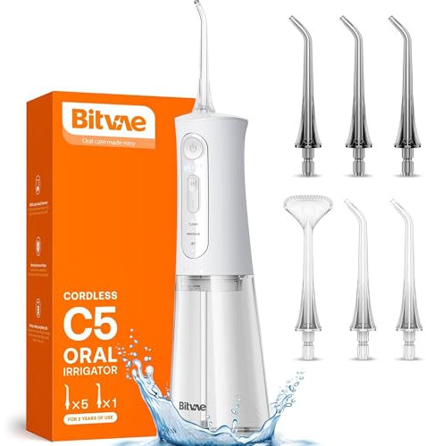 Water Dental Flosser for Teeth Cordless, Bitvae Water Dental Flossers 3 Modes & 5 Intensities, Oral Irrigator with 6 Jet Tips, Dental Flosser Water Jet IPX7 Waterproof, USB Rechargeable, White