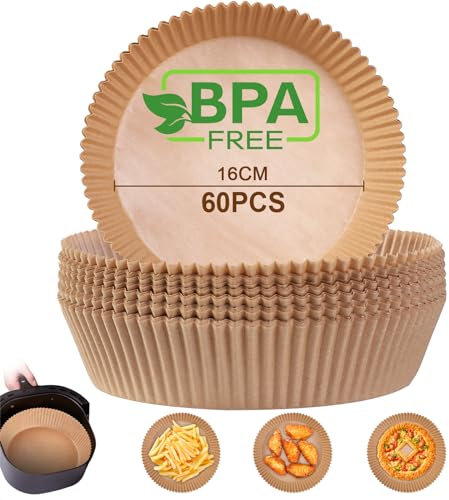 AiQInu Papel Freidora Aire, 60 Piezas 16-20 cm Pergamino Redondas Forro de Papel Food-Grade BPA free Papel de Aceite Antiadherente para 3-4.5L Freidora de Aire y Microondas