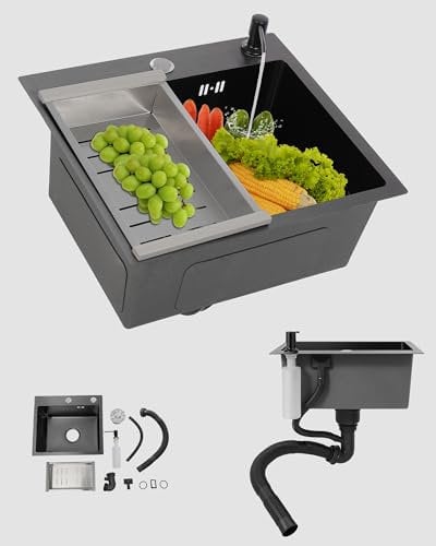 ROGONPDK Fregadero de cocina negro, fregadero de cocina de acero inoxidable, kit de fregadero, fregadero de acero inoxidable con dispensador de jabón, tubos, ventosa, desagüe de bajada, 45 x 40 x 20