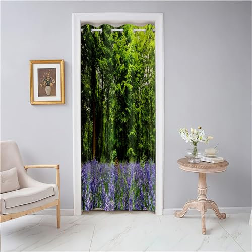 Odot Rideaux de Porte à Oeillets, Motif Lavande Rideau de Porte Interieur Occultant Rideau de Séparation de Pièce Rideau de Porte à Isolation Thermique pour Chambre (150x200cm,Bois Verts)