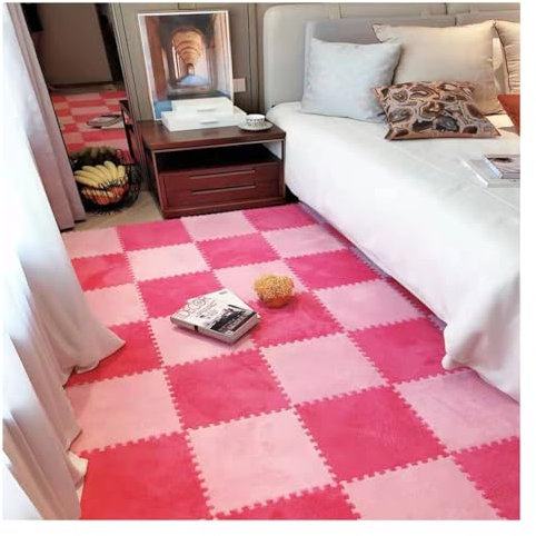 10 Stück 11,8 X 11,8 X 0,4 Ineinandergreifende Teppichfliesen, Plüsch-Puzzle-Schaumstoff-Bodenmatte, Teppichquadrate, Schaumstoff-Teppichfliesen, Weiche Eva-Schaumstoffmatten(Color:Rosa+Rosenrot)