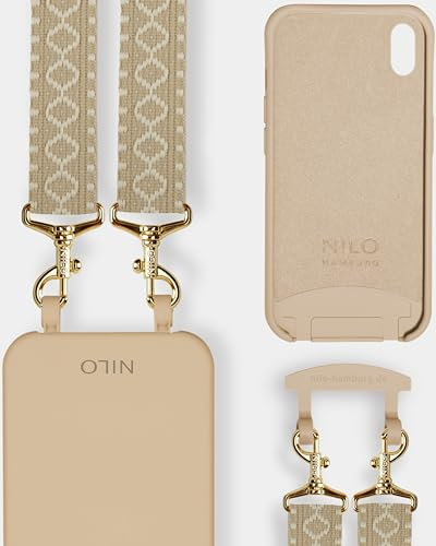 NILO® Set | Handyhülle mit Band, Handyband Beige Berry mit nudefarbener Handyhülle für iPhone X/XS | hochwertige Handykette, verstellbar, mit Karabiner Gold