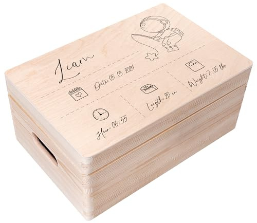 Creative Deco Erinnerungsbox Baby Holzkiste Personalisiert | 30 x 20 x 14cm | (+/-1cm) | Astronaut Motiv für Geburt & Taufe | Groß Natur Geschenk Spielzeugkiste Holzbox mit Deckel und Griffen Gravur