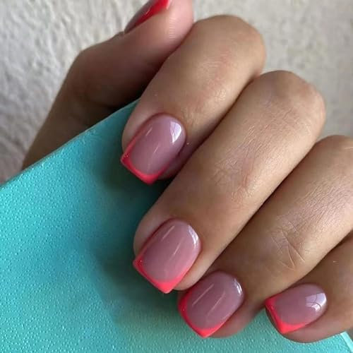 Square False Nails - 24pcs Pink Fake Nails with Glue - Glossy Press on Nails Short - Glue on Nails French Tip False Nails - Full Cover Nails Women Girls Nail Art Accessories