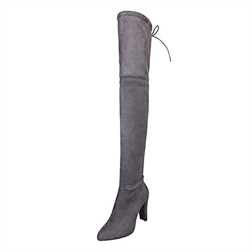 Stivali sopra il ginocchio, da donna, in pelle scamosciata, con tacchi alti, con chiusura lampo, da equitazione, da donna, grigio., 38