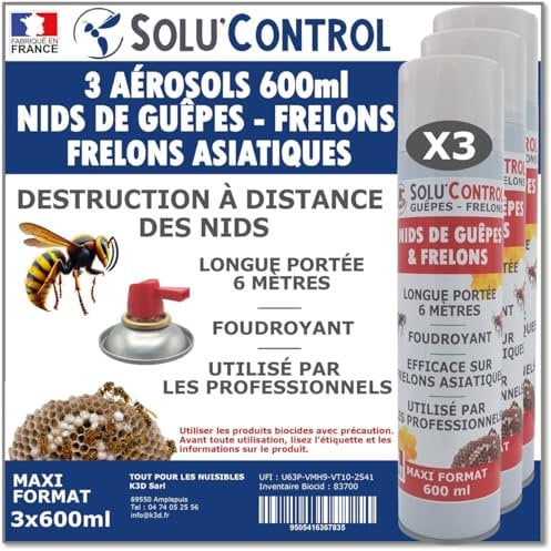 3 Bombes 600ml Guêpes, Frelons, Frelons Asiatiques - Destruction des nids - Longue portée 6m - Maxi format