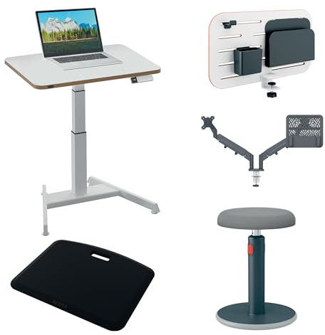 Leitz Ergo Compact Workstation Pro - Monitor & Laptop, Höhenverstellbarer, elektrischer Sitz-/Steh-Schreibtisch, Stehpult im Set mit 4 Ergo Produkten, Für Büro, Desk Sharing & Home Office