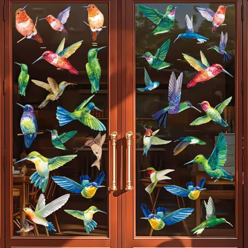 Zindoo 9 Sheet Spring Summer Birds Window Clings, 38Pcs Double Sided Beautiful Hummingbird Birds Window Stickers Decals Anti Collision, Reusable Static Cling Window Stickers for Glass Window Doors