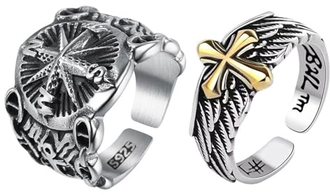 FFDHWU 2 Pieces of Open Rings, Vintage Compass Rings, Cross Feather Rings, Adjustable Rings, Unique Rings, Men's Open Rings