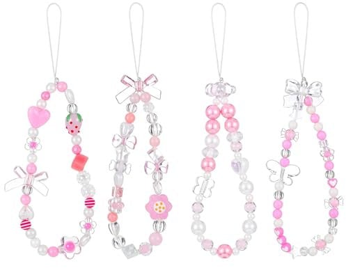 Ptwola 4 Pcs Beaded Phone Strap Cute Charms Beaded Pearl Butterfly Heart Cell Phone Charm Flower Chain Lanyard Wrist Strap for Women Bag Keychain Wallet Camera Pendants Decor