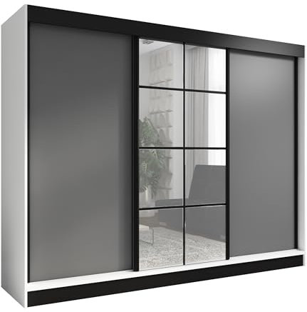 A&J MöbelLand Schwebetürenschrank ORAVELLE Kleiderschrank 3-türig mit Schubladen, und Spiegel, Garderobe 200 cm (Weiß|Graphit)