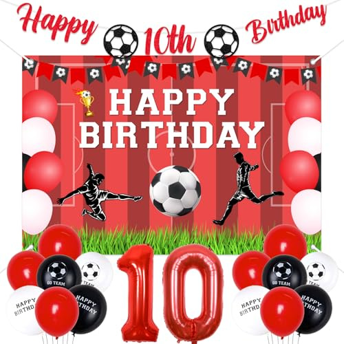 Sursurprise 10. Fußball-Geburtstagsdekoration, rot, glitzernd, Happy 10th Birthday, Banner, Hintergrund, Zahl 10, Luftballon, Sportfußball, 10 Jahre altes Geburtstagsparty-Zubehör