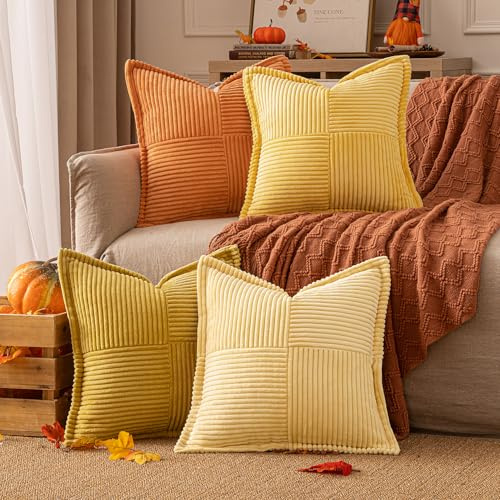 EMEMA Kordsamt Kissenbezug 40x40 Orange Serie Kissenhülle 4er Set | Herbst Kissenbezüge Sofakissen Dekokissen Dekorativ Zierkissen Couchkissen für Wohnzimmer Schlafzimmer
