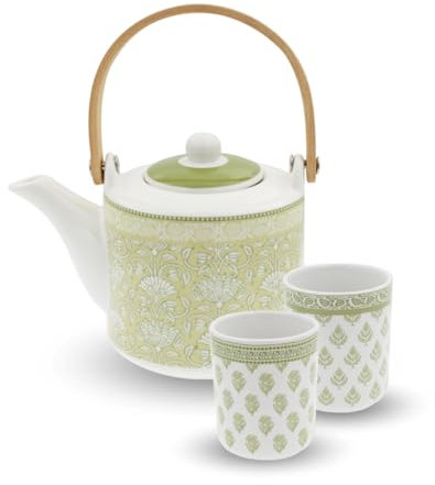 Ard'time - Soliman Teeset, Teekanne 600 ml mit Sieb, 2 Tassen 160 ml, Porzellan, Pflanzenmotiv, Weiß und Grün, Kollektion Acreation