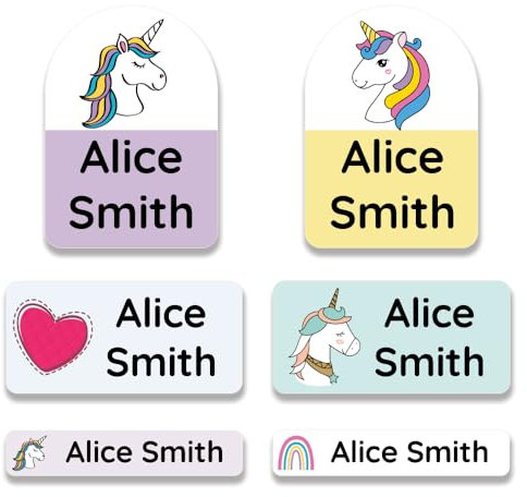 Pack of 82 School Name Labels for Water Bottles 3 Sizes for Personalised Name Stickers for Kids Stick-On Name Stickers for Clothes Kids Papa Prints - Unicorns