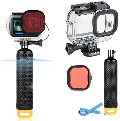 SOONSUN Waterproof Case with Floating Hand Grip for GoPro Hero 13/12/11/10/9 Black, 196ft Underwater Housing Case with Red Filter, Integrated Cold Shoe Mounts for Light and Microphone