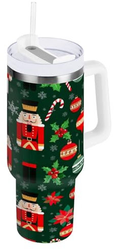 RPLIFE Gobelet de Noël vert casse-noisette avec poignée, tasse à café en acier inoxydable, gobelet isotherme avec paille, gobelet à café pour femme