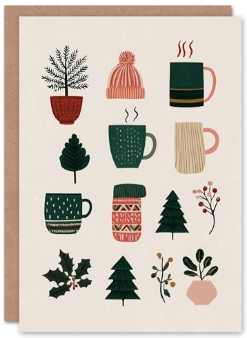 Artery8 Christmas Card Hot Cocoa Tree Holly Hats Cosy Festive Assemblage