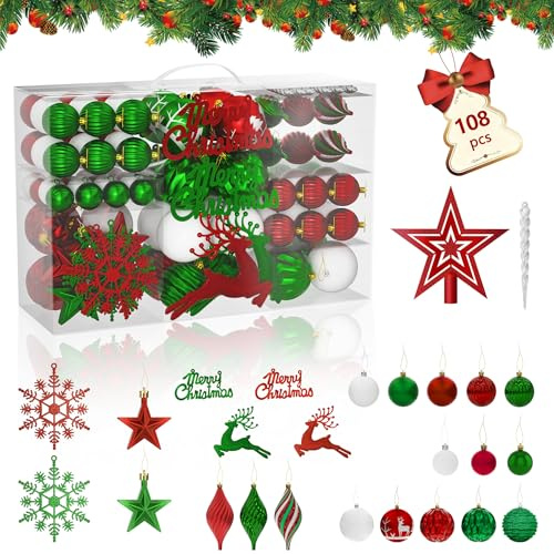YRHome 108pcs Weihnachtskugeln Klein Weihnachtsbaumkugeln Christbaumkugeln Kunststoff mit Aufhänger Weihnachtsdekoration Kugeln Weihnachtsschmuck Deko Weihnachtsbaumschmuck, Rot-Grün