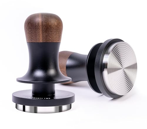 Bar.ista22 Kaffee Tamper 51mm druckregulierend mit Ripple-Base – Espresso Kaffeestampfer aus Edelstahl mit Walnussholz-Griff – Siebträger Zubehör in Geschenkbox, schwarz