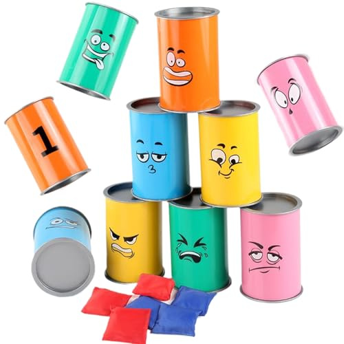 Can Toss Game, LED Lighted Buckets & 6 Beanbags Interactive Throwing Set, 10 Fun Expression Knock Down Cans For Kids Adults, Portable Indoor/Outdoor Carnival Game For Garden Party