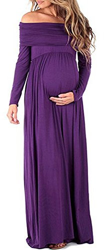 BEDAMAM Premamá Vestido de Manga Larga Maxi Falda Plisada con Encaje Flores para Mujer Casual Maternidad Vestido Fotografía Sexy Vestido de Embarazo Morado S