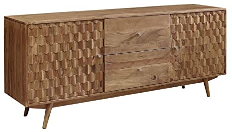 MASSIVMOEBEL24.DE | MOSAYK massives Sideboard - Natur lackiert Akazienholz 2 Türen - 2 Schubladen 180x42x75 Retro-Design Kommode Tv-Sideboard Wohnzimmer-Schrank