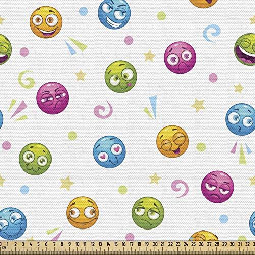 ABAKUHAUS Emoticon Gewebe als Meterware, Bunte Runde Fun Gesichter, Schön Gewebten Stoff für Polster und Wohnaccessoires, 1M (148x100cm), Magenta Blau