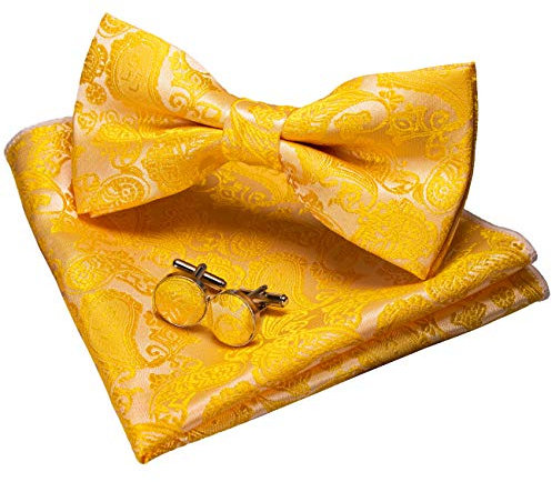 JEMYGINS Gelb Paisley Fliege und Einstecktuch mit Manschettenknöpfe Sets für Herren (Gelb)