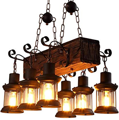 HEYUN E27 Pendelleuchte Vintage Kronleuchter Retro Hängeleuchte Holz Metall Hängelampe Schwarz Höhenverstellbar Leuchtmittel E27 Industrial Deckenleuchte Für Esszimmer Wohnzimmer Küche Café